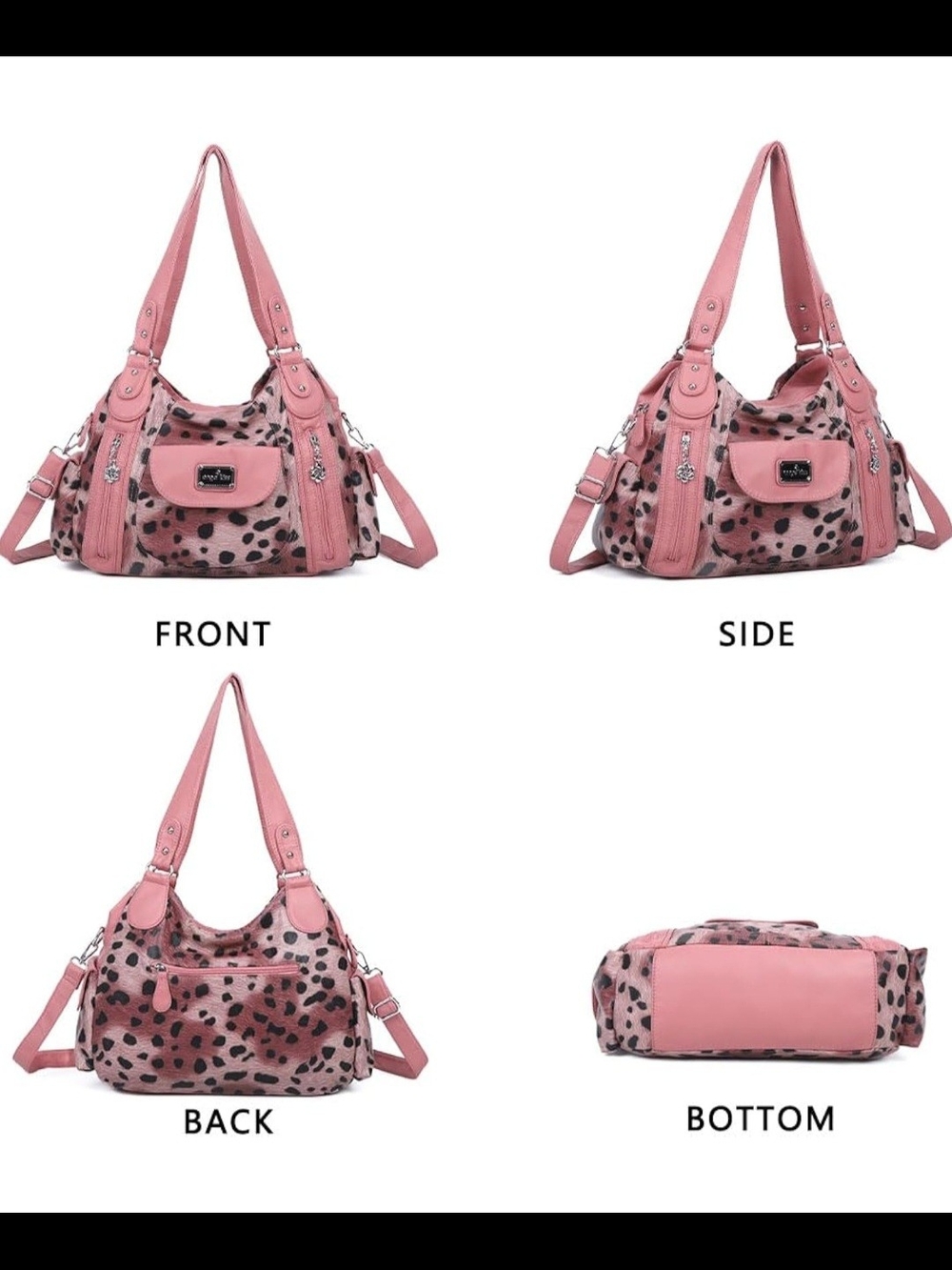 Angel Kiss Vegan Leather Leopard Print Hobo Satchel Bag- Pink & Black - Picture 5 of 9